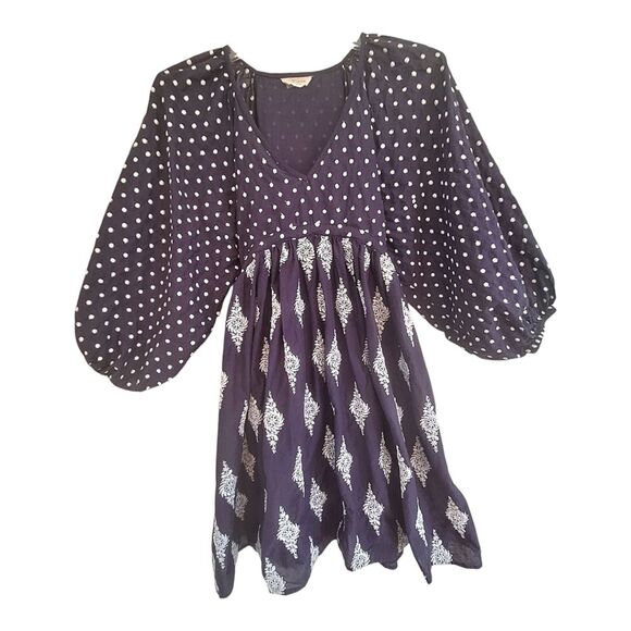 TALISMAN Gaia Dress Navy Blue 100% Cotton Lined Pockets Tie Back Embroidery  L - Picture 3 of 16